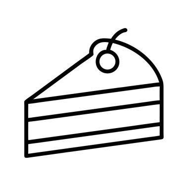 Üçgen şeklinde katmanlı bir pasta dilimi içeren minimalist bir taslak ikonu, zarif bir şekilde tek bir kirazla kaplanmış. Pastane, kutlama ya da tatlı temalı tasarımlar için ideal.