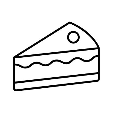 Bir pasta diliminin, katmanları ve yuvarlak dekorasyonu tasvir eden temiz ve basit bir çizim çizgisi çizimi. Fırın menüleri, doğum günü davetiyeleri ya da yiyeceklerle ilgili tasarımlar için ideal.