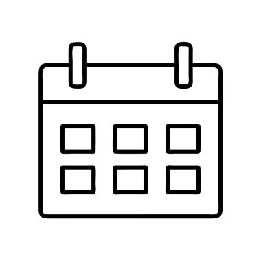 Bir takvimin basit siyah ana hatlı vektör simgesi, zamanı, organizasyonu, zamanlamayı, süreleri, olayları ve çeşitli dijital tasarımlarda önemli tarihleri temsil etmek için mükemmeldir.