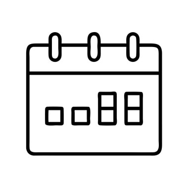 Bir takvim tasvir eden temiz, basit bir çizgi resim simgesi, kullanıcı arayüzleri, mobil uygulamalar, web siteleri ve tarihleri, zamanlamaları ve önemli olayları belirten yazdırma materyalleri için mükemmel. Dijital projeler için ideal. Kolay düzenlenebilir vektör biçimi uygun