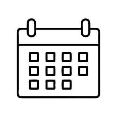 Bir takvimin temiz ve modern siyah ana hatlı vektör çizelgesi, web simgeleri, uygulama arayüzleri, zamanlama araçları, iş planlama, olay hatırlatıcıları ve zaman organizasyonu tasarımları için mükemmel. Çok yönlülük için izole edilmiş.