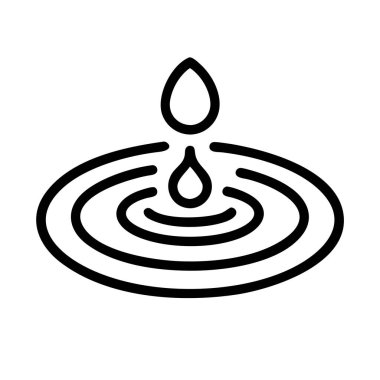 Bir su damlasının basit bir siyah taslak simgesi sıvıya düşerek eş merkezli dalgalanmalar yaratıyor. Saflık, susuzluk, doğa, etki ve refah projeleri temaları için ideal.