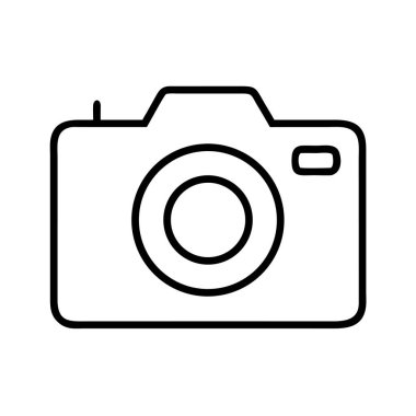Bir fotoğraf makinesinin minimalist siyah çizgisi çizimi. Açık ve sembolik bir temsil gerektiren medya projeleri, teknoloji web siteleri veya grafik tasarım unsurları için ideal.