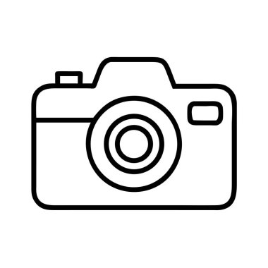 Fotoğrafçılığı, videoyu, medyayı ve görsel içeriği sembolize eden, bir kameranın net vektör taslağı. Web tasarımı, uygulama arayüzleri ve sunumlar için ideal.