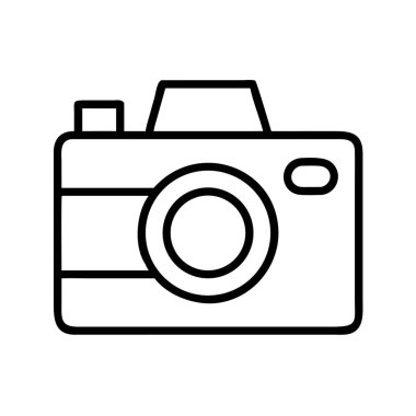 Görüntü yakalama, dijital medya, yaratıcı içerik ve görsel iletişim kavramlarını temsil eden antika bir kameranın temiz, modern siyah çizgi sanat simgesi.