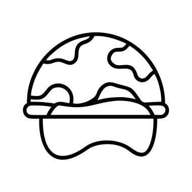 Belirgin bir kamuflaj desenine sahip savaş miğferi tasvir eden bir minimalist çizgi sanat ikonu, askerlik, asker koruması ve ulusal savunma kuvvetlerini temsil ediyor..