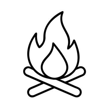 Kamp ateşini tasvir eden bir minimalist çizgi sanat ikonu, iki çapraz kütüğün üzerinde yükselen stilize alevler, açık hava, kamp ya da doğal temalar için mükemmel..