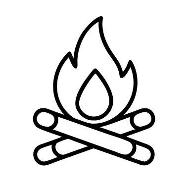 Açık hava, doğa ve macera temalı tasarım ve projeler için ideal odun yığınları ve merkezi alevlerle yanan bir kamp ateşinin minimalist çizgisi çizimi..