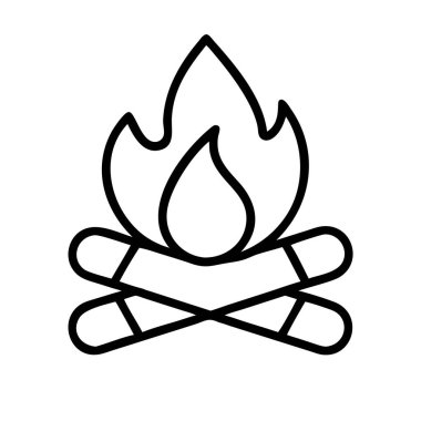 Minimalist siyah-beyaz çizgili, yanan kütükleri ve yükselen alevleri olan klasik bir kamp ateşi ikonunu tasvir eden resim çizimi. Web, yazdırma ve UI / UX tasarım projeleri için ideal.