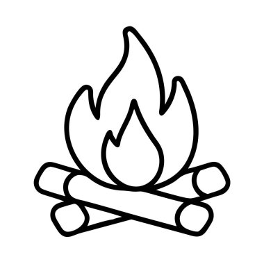 Yığılmış kütükler ve yanıp sönen alevlerle bir kamp ateşini tasvir eden basit siyah beyaz çizgi sanat ikonu, açık hava, kamp, macera ya da vahşi doğa temaları için mükemmel..