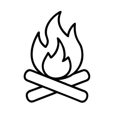 Çapraz kütükler ve yukarı doğru uzanan alevlerle klasik bir kamp ateşini tasvir eden izole bir vektör çizimi, dijital kullanım için harika, temiz ve minimalist bir tasvir edilmiş..
