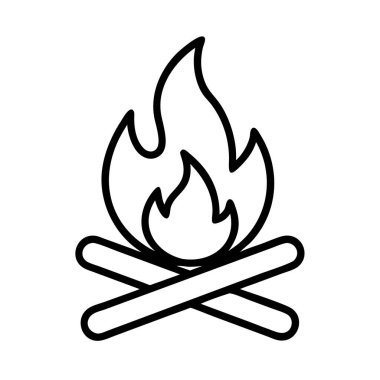 Minimalist bir siyah ana hat ikonu üzerlerinde iki çaprazlanmış kütük ve canlı alevler olan bir kamp ateşini tasvir ediyor. Açık hava, kamp ve sıcaklık temaları için ideal..