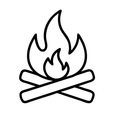 Minimalist doğrusal çizim, yakacak odunlu, sıcak ve davetkar bir kamp ateşi tasvir ediyor. Kamp, açık hava, macera ve rahat gece temaları için mükemmel. İzole edilmiş.