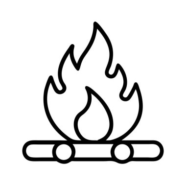 Üç kütükten yükselen dinamik alevlere sahip bir kamp ateşinin yer aldığı basit bir çizgi sanat ikonu. Dijital tasarımlar, web siteleri ve uygulamalardaki kamp, sıcaklık, enerji, güvenlik veya macerayı temsil etmek için idealdir. Temiz ve minimal stili çok yönlülüğü garanti eder.