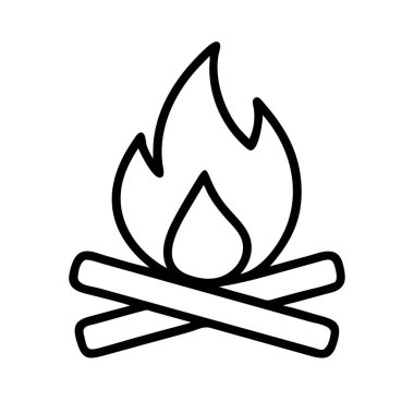 Çapraz kütükler ve stilize alevlerle bir kamp ateşi tasvir eden, simgeler, UI elemanları veya açık hava temalı tasarım projeleri ve uygulamaları için ideal bir minimalist çizgi çizgisi..