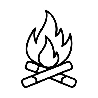 Çapraz kütüklerden yükselen alevlerle geleneksel bir kamp ateşini tasvir eden, doğa, kamp ve hayatta kalma temalarıyla ilgili web, baskı ve UI tasarım elementleri için idealdir..