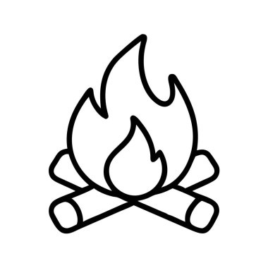 Üç çaprazlanmış kütük ve stilize alevler ile bir kamp ateşinin minimalist siyah ana hatları simgesi. Kamp, açık hava aktiviteleri ya da sıcaklığı göstermek için ideal..