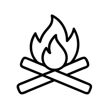 Çapraz kütükleri ve stilize alevleri olan basit bir kamp ateşi ikonu, açık hava aktivitelerini, vahşi doğayı, ısıyı, ışığı ve tasarım projeleri için sıcak bir akşam atmosferini temsil ediyor..