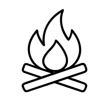 Yanan odunlar ve yükselen alevlerle bir kamp ateşinin basit, temiz bir çizgisi çizimi. Sıcaklık, kamp, açık hava macerası ve doğa temaları için mükemmel. Bu simge çok yönlüdür.