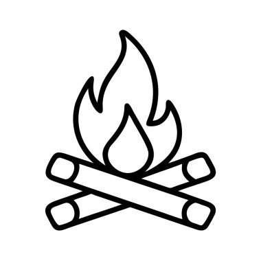 Üç çaprazlanmış odun ve yukarıda yükselen stilize alevlerden oluşan bir kamp ateşinin yer aldığı bir minimalist çizgi sanat tasviri, çeşitli açık hava ve macera tasarımları için ideal..