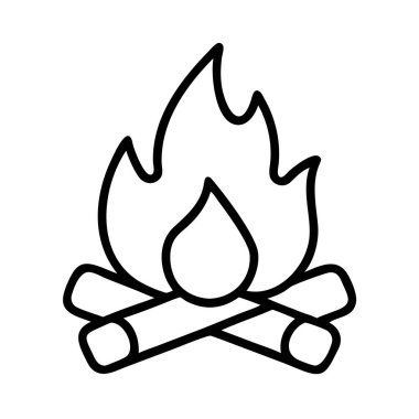 Üç istiflenmiş odun ve alevle bir kamp ateşini tasvir eden açık ve minimalist bir sanat çizgisi çizimi, ikonlar, web tasarımı veya açık hava temalı projeler için mükemmel..