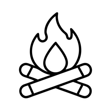 Kamp ateşinin, yanan odunlar ve alevlerle çizilmiş minimalist çizgisi çizimi. Açık hava macerası, kamp ve sıcaklıkla ilgili grafik tasarım projeleri için mükemmel..