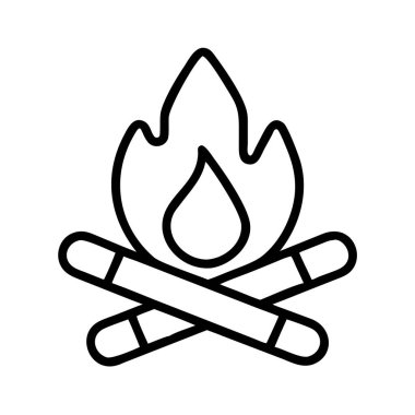 Çapraz kütükleri ve stilize alevleri olan bir kamp ateşini gösteren minimalist bir taslak ikonu. Dijital tasarımlar, web siteleri, uygulamalar ve yazıcı materyalleri için mükemmel kamp, açık hava macerası, sıcaklık ve doğa temaları.