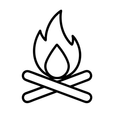 Kamp ateşinin, kütükleri ve yükselen alevleri olan minimalist sanat simgesi. Kamp, vahşi doğa, hayatta kalma, sıcaklık ve açık hava aktiviteleri için mükemmel bir tema..