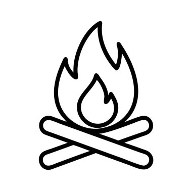 Kamp ateşi minimalist vektör çizgisi sanatı. İçinde iki çapraz kütük ve canlı bir alev sembolü var. Ağ, uygulama, tabela ya da açık bir ateş motifi gerektiren herhangi bir tasarım için ideal.