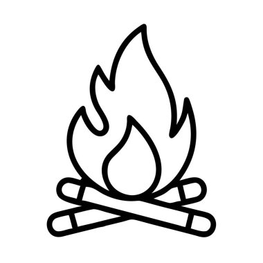 Çapraz kütükler ve soyut alevlerle bir kamp ateşini tasvir eden basit bir çizgi sanat ikonu. Sıcaklığı, açık hava aktivitelerini, enerjiyi, macerayı ve hayatta kalmayı temsil eder. Web ve yazdırma için ideal.