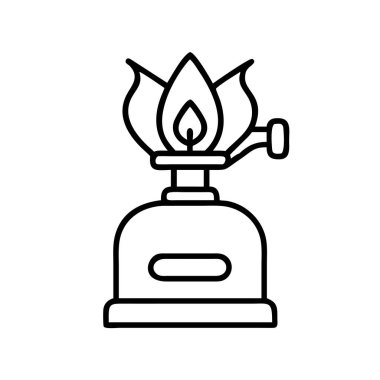 Portatif kamp sobasının minimalist bir tasviri. Açık havada pişirme, seyahat, macera ve hayatta kalma ekipmanlarını sembolize ediyor. Web, yazdırma ve UI ögeleri için ideal.