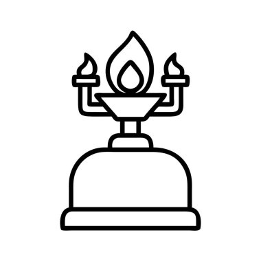 Çok alevli bir ocağı ya da süslemeli bir lambayı tasvir eden bir minimalist çizgi sanat ikonu, merkezi büyük bir alev ve katı bir tabanda iki küçük yan ateş içerir..