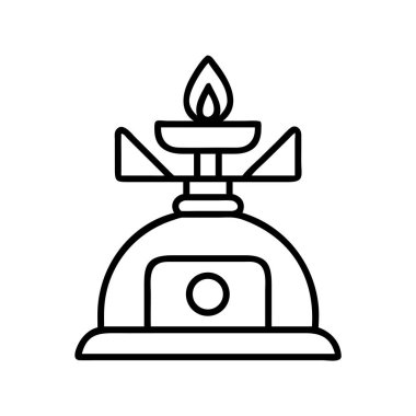 Portatif bir kamp sobasının minimalist vektör çizgisi sanat simgesi. Açık havada pişirme, seyahat, macera ve web tasarımı ve uygulamaları sembolize ediyor..