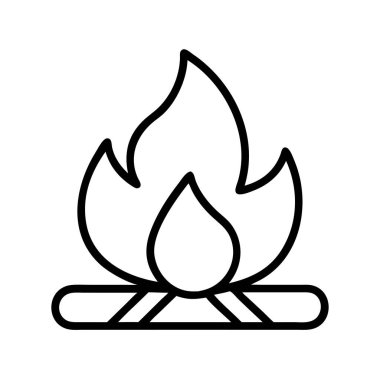 Yanan odunlardan yükselen alevlerle bir kamp ateşini tasvir eden basit bir taslak ikonu, açık hava aktivitelerini, sıcaklığı, hayatta kalma, macera ve ısı kavramlarını göstermek için mükemmeldir..