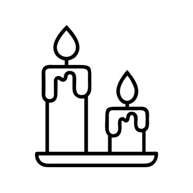 Biri büyük diğeri küçük, basit bir tepside dinlenen iki mum içeren minimalist çizgi çizimi. Barış, atmosfer ve özel durumlar için mükemmel, temiz bir arkaplanda izole edilmiş..