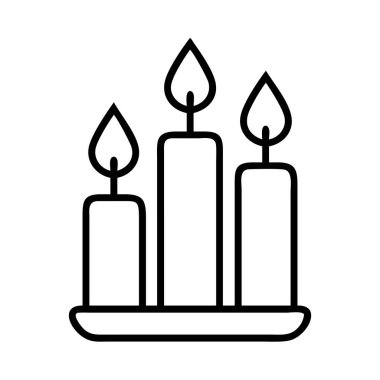 Temiz, minimalist bir vektör ana hatları simgesi. Basit bir standın üzerinde duran üç mum tasvir ediyor. Çeşitli dijital ve baskı tasarımlarında sıcaklık, maneviyat, hatırlama veya bayram vesilesi kavramlarını iletmek için idealdir. Şeffaf arkaplan 