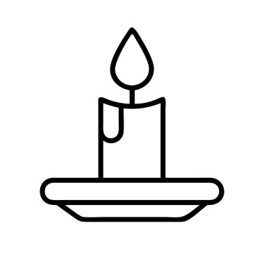 Düz bir zeminde yanan bir mumu tasvir eden minimalist siyah bir taslak. Bu basit vektör grafiği çeşitli tasarım projeleri, web simgeleri veya yazdırılabilir materyaller için idealdir. Vektör illüstrasyonu.