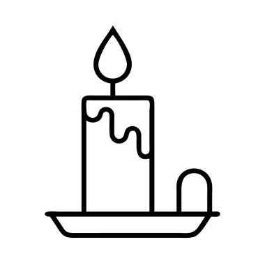 Temiz, basit bir vektör çizimi yanan bir mumu erimiş balmumuyla tasvir ediyor, küçük bir tutucunun üzerinde duruyor. Maneviyat, samimiyet ve özel durumlar için idealdir..