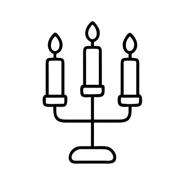 Üç mum tutan bir şamdanı tasvir eden temiz ve modern bir vektör ana hatları simgesi. Kutlama, maneviyat, anıtlar, ışık ve dekoratif öğeler için ideal. Basit çizgi çizimleri.