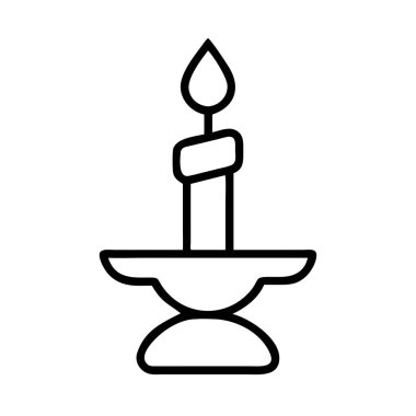 Dekoratif bir tutucunun üzerinde yanan bir mum bulunan minimalist bir çizgi, maneviyat, yansıma ve aydınlık kavramları iletmek için mükemmel..
