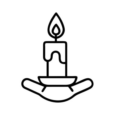 Yanan bir mumu nazikçe tutan bir insan elini tasvir eden minimalist bir çizgi sanat vektör ikonu. Bu illüstrasyon sıcaklığı, maneviyatı, özeni, umudu ve barışı basit, net, grafik bir şekilde aktarır..