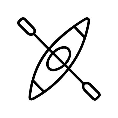 Su sporları, doğa ve aktif yaşam tarzlarıyla ilgili web, uygulama veya baskı tasarımları için uygun bir kano ve kürekleri gösteren temiz, basit bir siyah taslak simgesi.