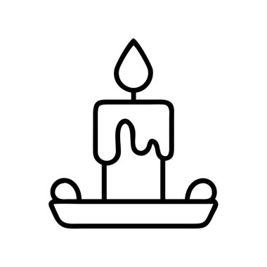Ana hatlarıyla çizilmiş basit bir ikon, yanlarından balmumu damlayan yanan bir mumu, küçük bir tutacakta dinlenirken tasvir eder. Bu grafik, çeşitli tasarım projeleri için ideal ışık, sıcaklık ve bellek kavramlarını iletir.