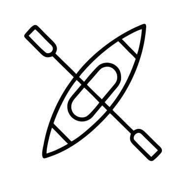 Temiz, minimalist bir vektör çizgisi sanat ikonu, arka planda açık hava aktivitelerini, su sporlarını, macerayı ve eğlence temalarını göstermek için mükemmel bir raket ile bir kano tasvir ediyor..