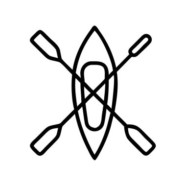 Üzerinde simetrik olarak iki kürek çaprazlanmış tek bir kanonun yukarıdan aşağı görünümünü gösteren minimalist siyah çizgili bir resim. Su sporları, açık hava eğlencesi ve yaz aktiviteleri için ideal..