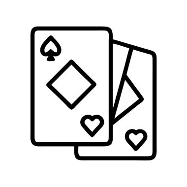 Bu açık çizgi resim ikonu, içinde kürek, elmas ve kalp sembolleri olan iki iskambil kağıdını gösteriyor. Kumarhane, oyun tasarımı, kumar, poker ve eğlence projeleri için mükemmel..