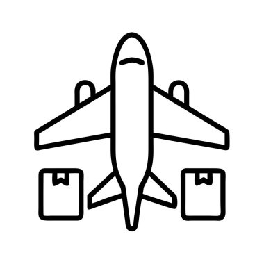 İki kargo kutusuyla uçan, verimli küresel lojistik, hızlı hava taşımacılığı ve güvenilir ekspres paket teslimatını sembolize eden minimalist bir çizgi sanat ikonu..