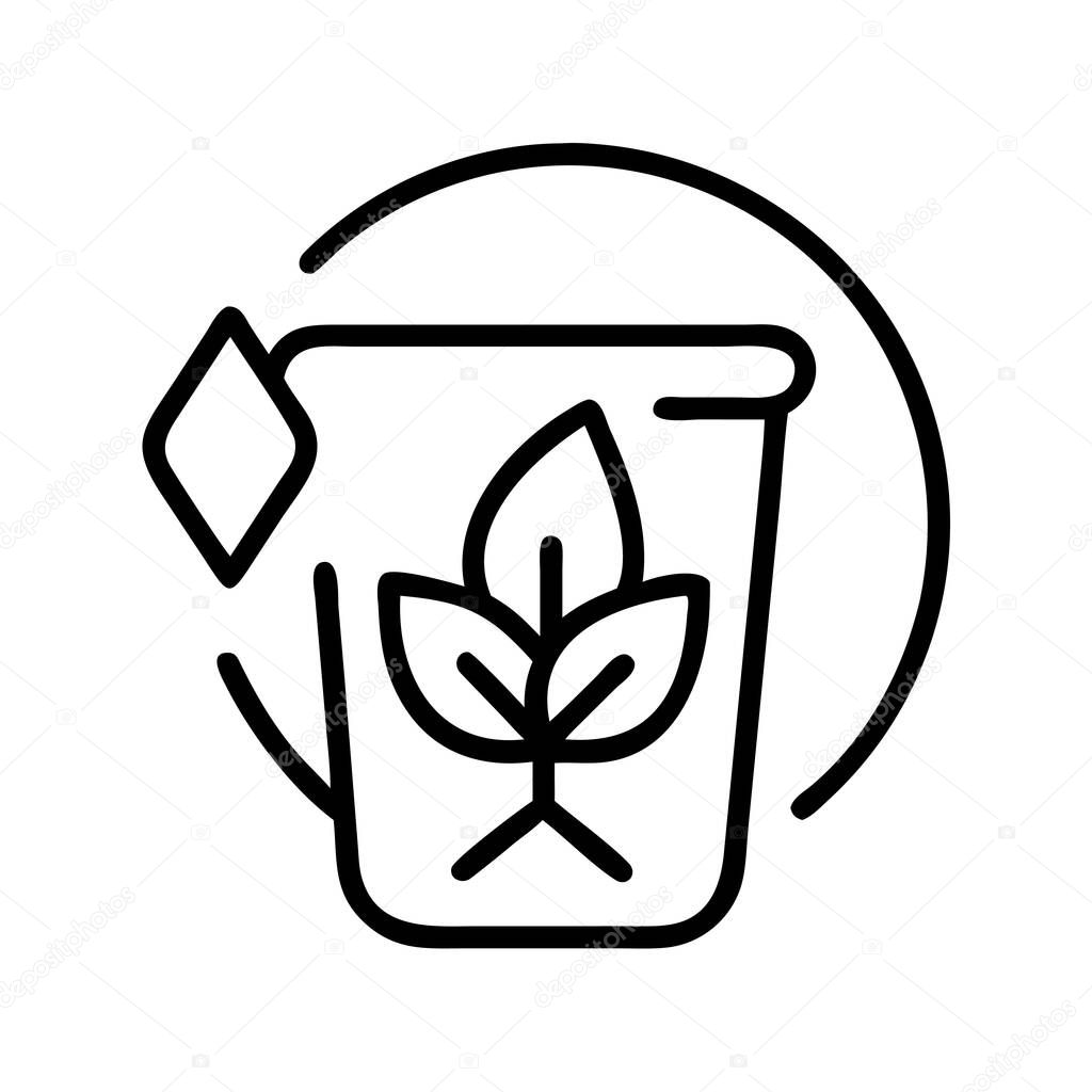 This minimalist line art icon showcases an herbal tea bag with fresh leaves steeping in a cup. Ideal for health, wellness, organic products, and natural beverage themes.