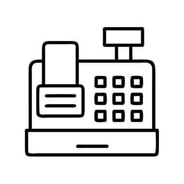 Üzerinde kağıt makbuzu ve sağında tuş takımı olan klasik bir yazar kasanın ayrıntılı siyah taslak ikonu. Ticareti, satışları ve perakende işlemlerini temsil ediyor. Finansal grafikler için ideal.
