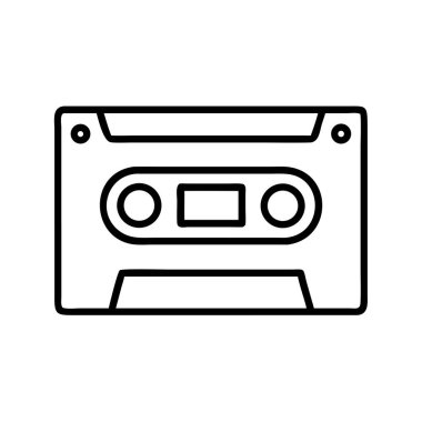 A minimalist outline illustration of a classic audio cassette tape. This vintage music storage icon represents nostalgia, retro technology, and old-school sound recording.